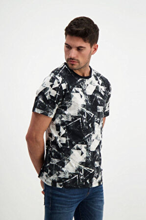 Siyah Desenli Erkek Bisiklet Yaka T-shirt