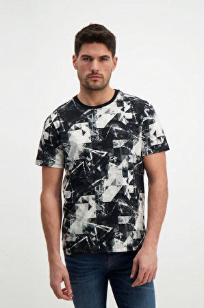 Siyah Desenli Erkek Bisiklet Yaka T-shirt