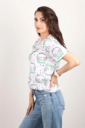 Kadın Baskılı Bisiklet Yaka Oversize T-shirt