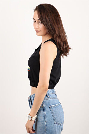 Kadın Baskılı Kolsuz Crop Bluz