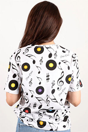 Kadın Baskılı Bisiklet Yaka Oversize T-shirt