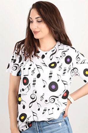 Kadın Baskılı Bisiklet Yaka Oversize T-shirt