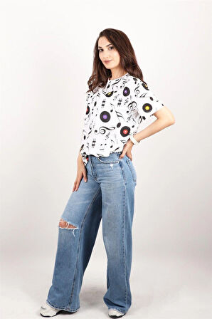 Kadın Baskılı Bisiklet Yaka Oversize T-shirt