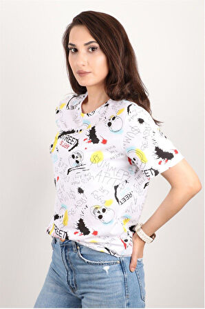 Kadın Baskılı Bisiklet Yaka Oversize T-shirt