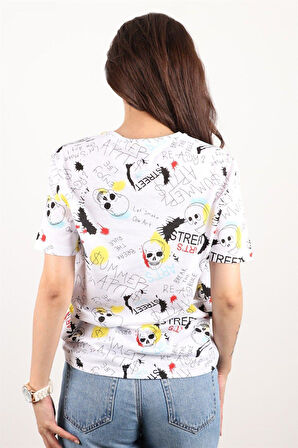 Kadın Baskılı Bisiklet Yaka Oversize T-shirt