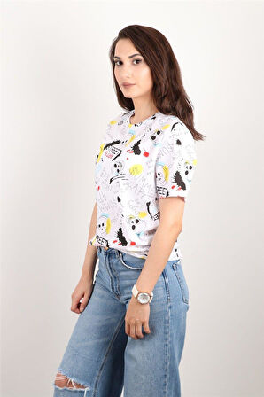 Kadın Baskılı Bisiklet Yaka Oversize T-shirt