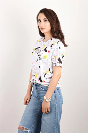 Kadın Baskılı Bisiklet Yaka Oversize T-shirt