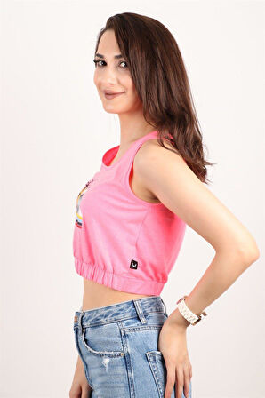 Kadın Baskılı Kolsuz Crop Bluz