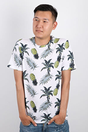 Erkek Bisiklet Yaka Baskılı T-shirt %100 Pamuk Tişört