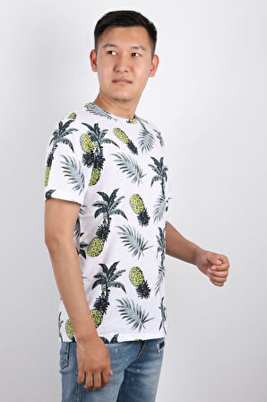 Erkek Bisiklet Yaka Baskılı T-shirt %100 Pamuk Tişört