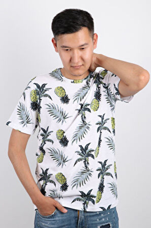 Erkek Bisiklet Yaka Baskılı T-shirt %100 Pamuk Tişört