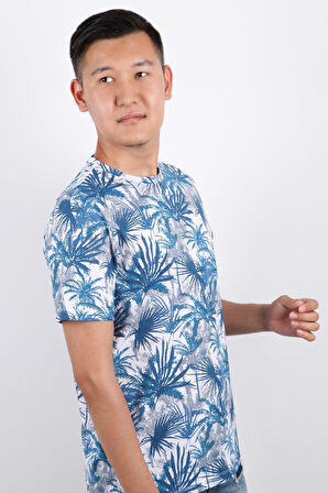 Erkek Bisiklet Yaka Baskılı T-shirt %100 Pamuk Tişört