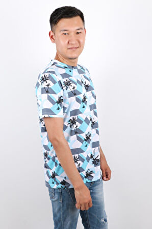 Erkek Bisiklet Yaka Baskılı T-shirt %100 Pamuk Tişört