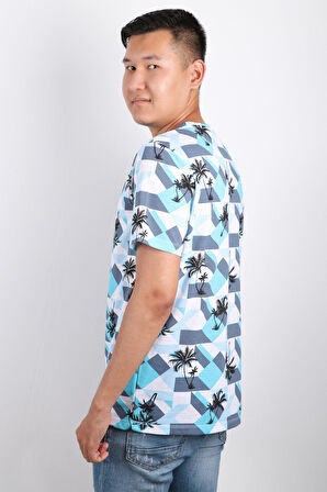 Erkek Bisiklet Yaka Baskılı T-shirt %100 Pamuk Tişört