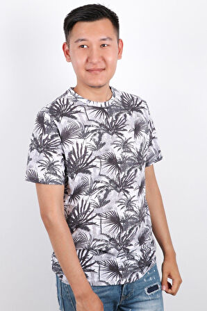 Erkek Bisiklet Yaka Baskılı T-shirt %100 Pamuk Tişört