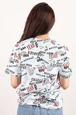 Kadın Baskılı Bisiklet Yaka Oversize T-shirt