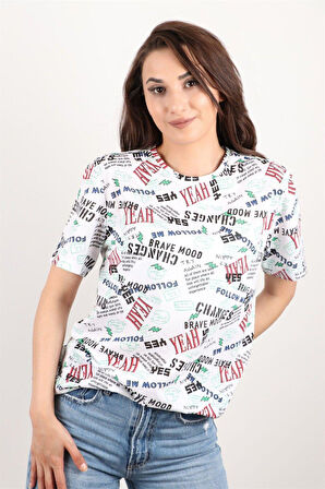 Kadın Baskılı Bisiklet Yaka Oversize T-shirt