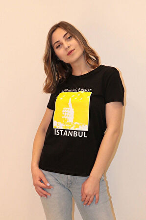 Kadın Bisiklet Yaka T-shirt %100 Pamuk Tişört