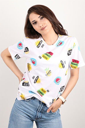 Kadın Baskılı Bisiklet Yaka Oversize T-shirt