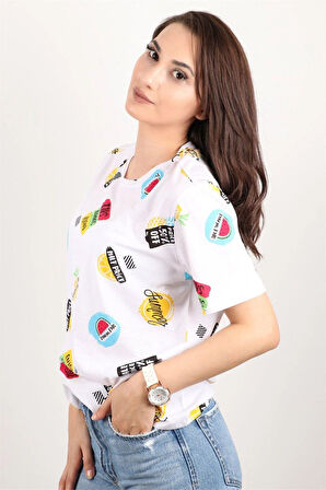 Kadın Baskılı Bisiklet Yaka Oversize T-shirt