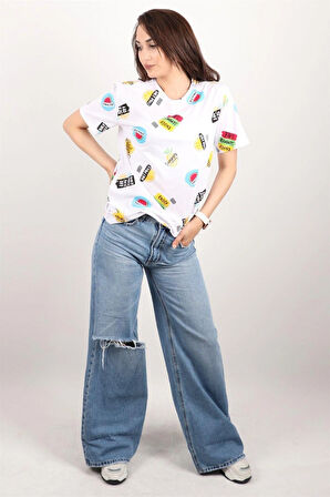 Kadın Baskılı Bisiklet Yaka Oversize T-shirt