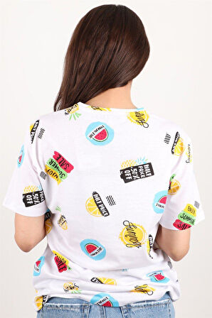 Kadın Baskılı Bisiklet Yaka Oversize T-shirt