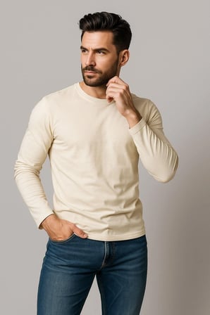 erkek bisiklet yaka bej body %100 pamuk uzun kollu tişört erkek düz t-shirt
