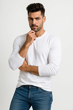 Erkek Bisiklet Yaka Beyaz Body %100 Pamuk Uzun Kollu Tişört Erkek Düz T-shirt