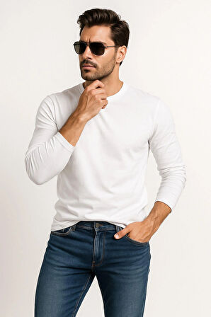 Erkek Bisiklet Yaka Beyaz Body %100 Pamuk Uzun Kollu Tişört Erkek Düz T-shirt