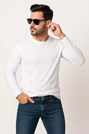 Erkek Bisiklet Yaka Beyaz Body %100 Pamuk Uzun Kollu Tişört Erkek Düz T-shirt
