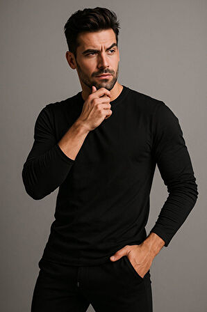 Erkek Bisiklet Yaka Siyah Body %100 Pamuk Uzun Kollu Tişörtt