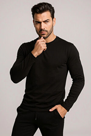 Erkek Bisiklet Yaka Siyah Body %100 Pamuk Uzun Kollu Tişörtt