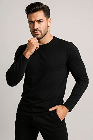 Erkek Bisiklet Yaka Siyah Body %100 Pamuk Uzun Kollu Tişörtt