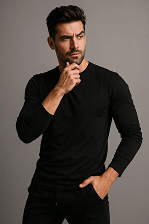 Erkek Bisiklet Yaka Siyah Body %100 Pamuk Uzun Kollu Tişörtt