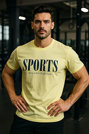 Erkek Sarı Basic T-shirt Baskılı Slim Fit %100 Pamuk Tişört