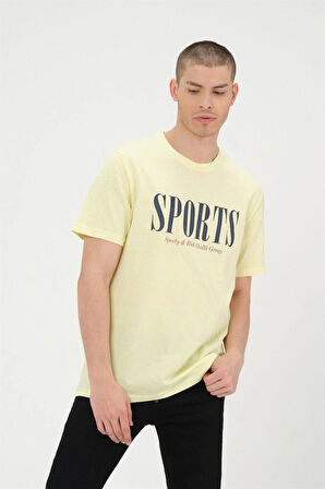 Erkek Sarı Basic T-shirt Baskılı Slim Fit %100 Pamuk Tişört