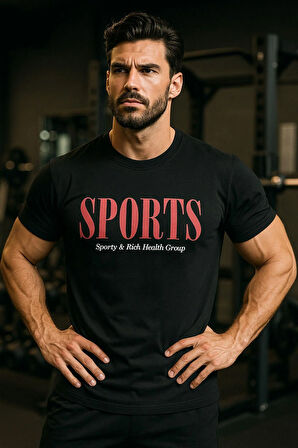 Erkek Siyah Basic T-shirt Baskılı Slim Fit %100 Pamuk Tişört