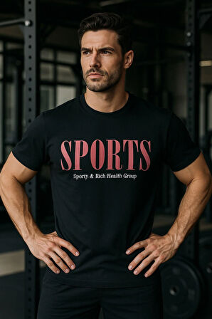 Erkek Siyah Basic T-shirt Baskılı Slim Fit %100 Pamuk Tişört