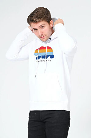 Süzene Nakış Ayı Baskılı Kapüşonlu Beyaz Sweatshirt Polarlı