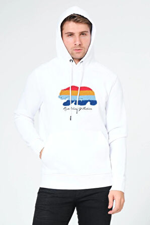Süzene Nakış Ayı Baskılı Kapüşonlu Beyaz Sweatshirt Polarlı