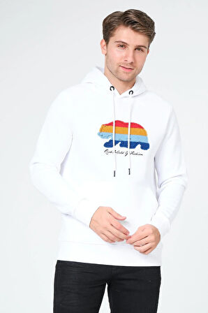 Süzene Nakış Ayı Baskılı Kapüşonlu Beyaz Sweatshirt Polarlı