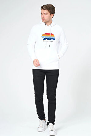 Süzene Nakış Ayı Baskılı Kapüşonlu Beyaz Sweatshirt Polarlı