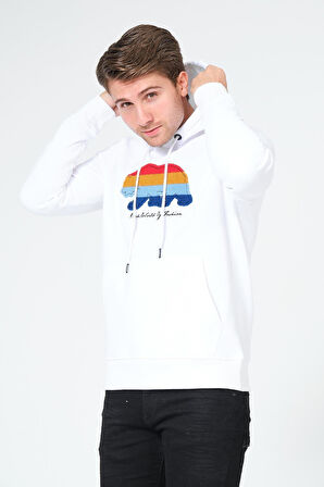 Süzene Nakış Ayı Baskılı Kapüşonlu Beyaz Sweatshirt Polarlı