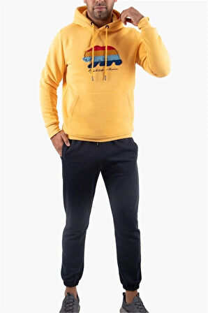 Süzene Nakış Ayı Baskılı Kapüşonlu Hardal Sweatshirt Polarlı