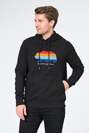 Süzene Nakış Ayı Baskılı Kapüşonlu Lacivert Sweatshirt Polarlı