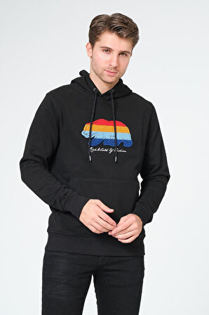 Süzene Nakış Ayı Baskılı Kapüşonlu Lacivert Sweatshirt Polarlı