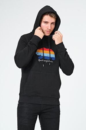 Süzene Nakış Ayı Baskılı Kapüşonlu Lacivert Sweatshirt Polarlı