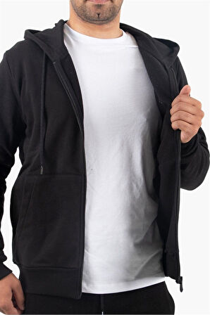 Şardonlu Fermuarlı Kapüşonlu Siyah Sweatshirt Polar Hırka