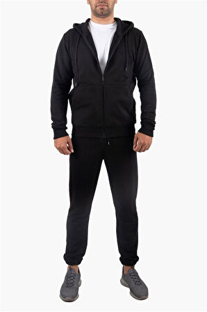 Şardonlu Fermuarlı Kapüşonlu Siyah Sweatshirt Polar Hırka