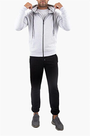 Şardonlu Fermuarlı Kapüşonlu Gri Sweatshirt Polar Hırka